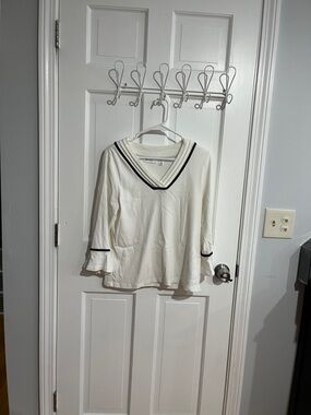 Rafaella White V-Neck Top with Black Contrast Trim